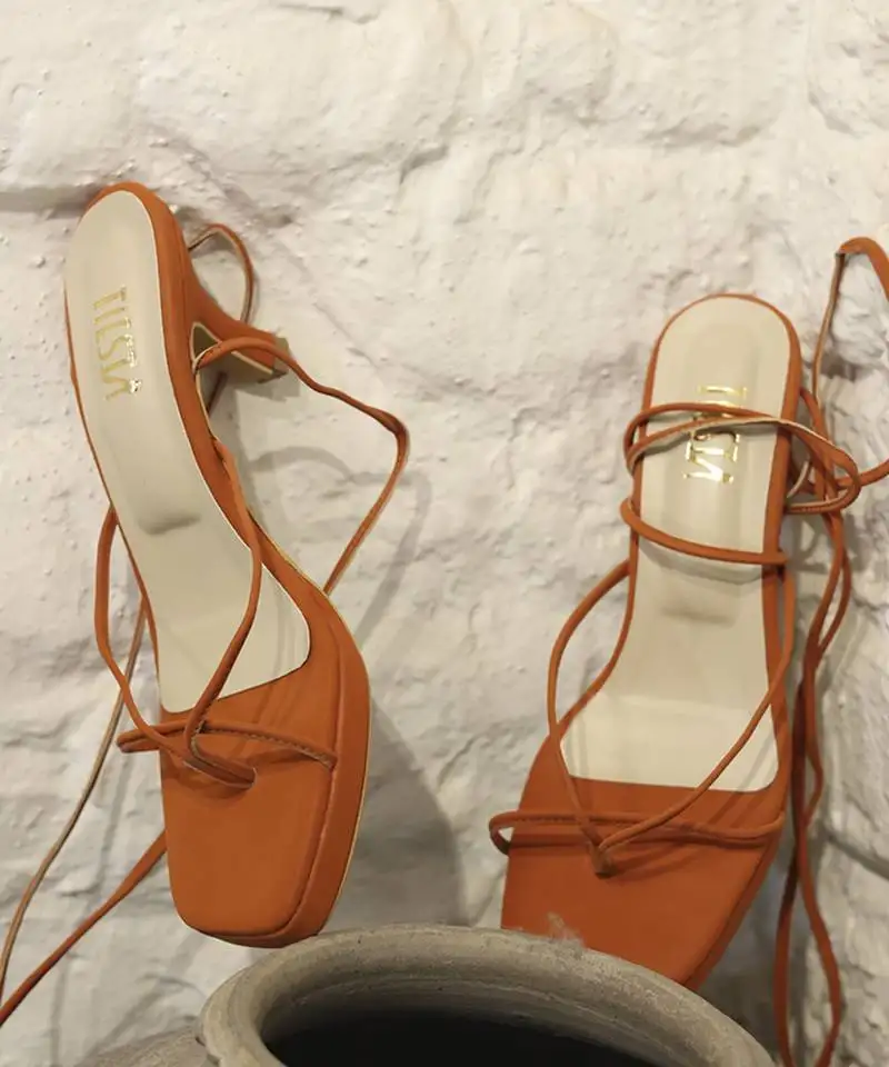 Orange solid synthetic leather heels