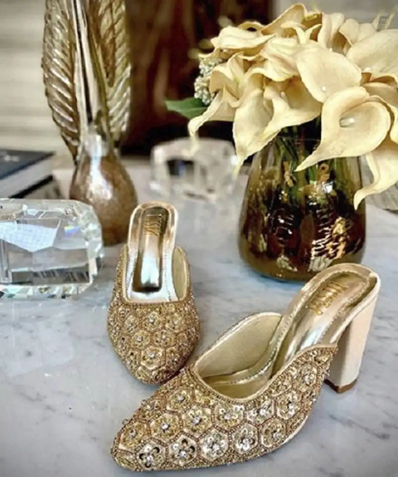 Gold woven synthetic leather heels