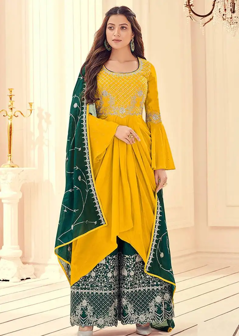 Yellow embroidery & sequins work chinnon anarkali palazzo suit - free size stitching (size upto 42") stitched