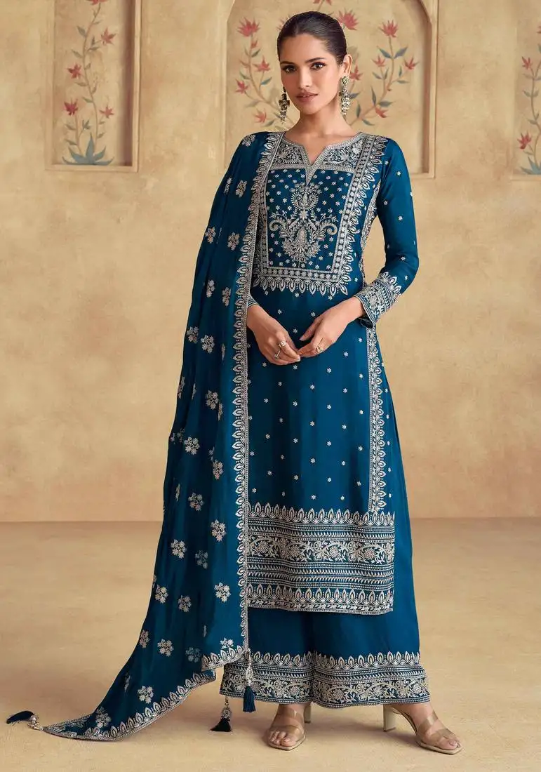 Blue embroidered & sequins work chinnon silk straight palazzo suit - free size stitching (size upto 42") stitched