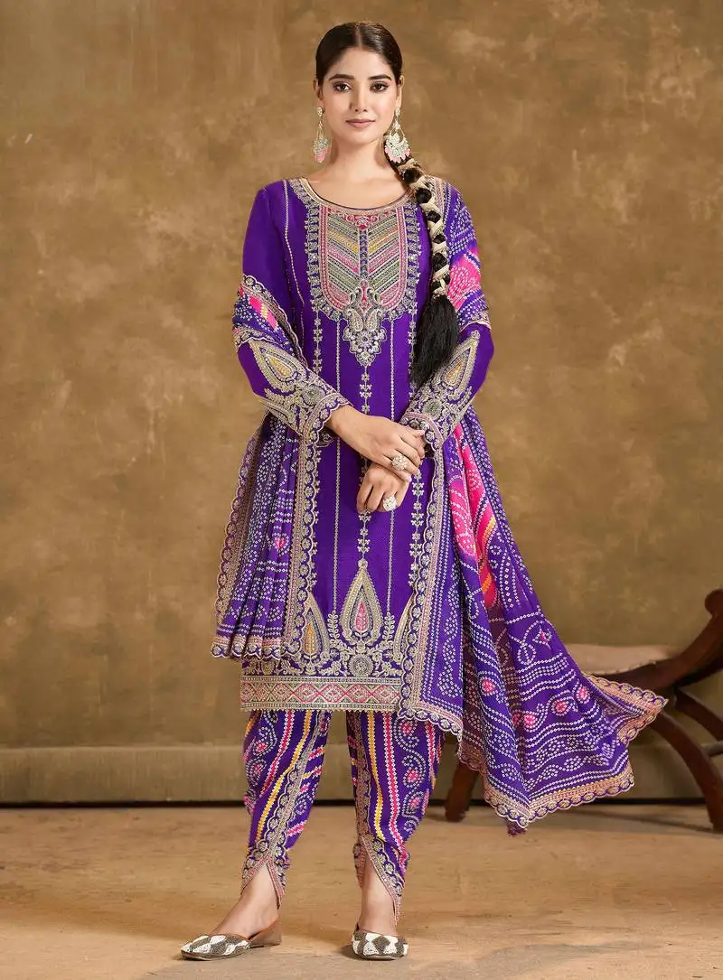 Purple embroidery, mirror & sequins work chinnon straight dhoti suit - free size stitching (size upto 42") stitched