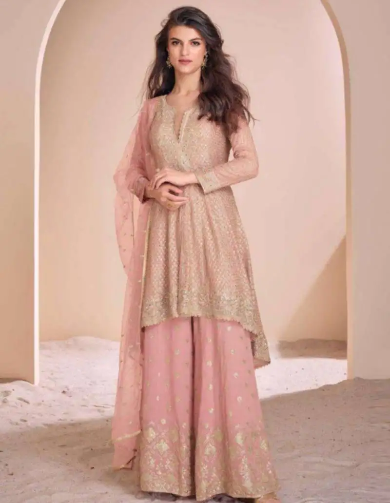 Light pink embroidery & sequins work georgette anarkali palazzo suit - free size stitching (size upto 42") stitched