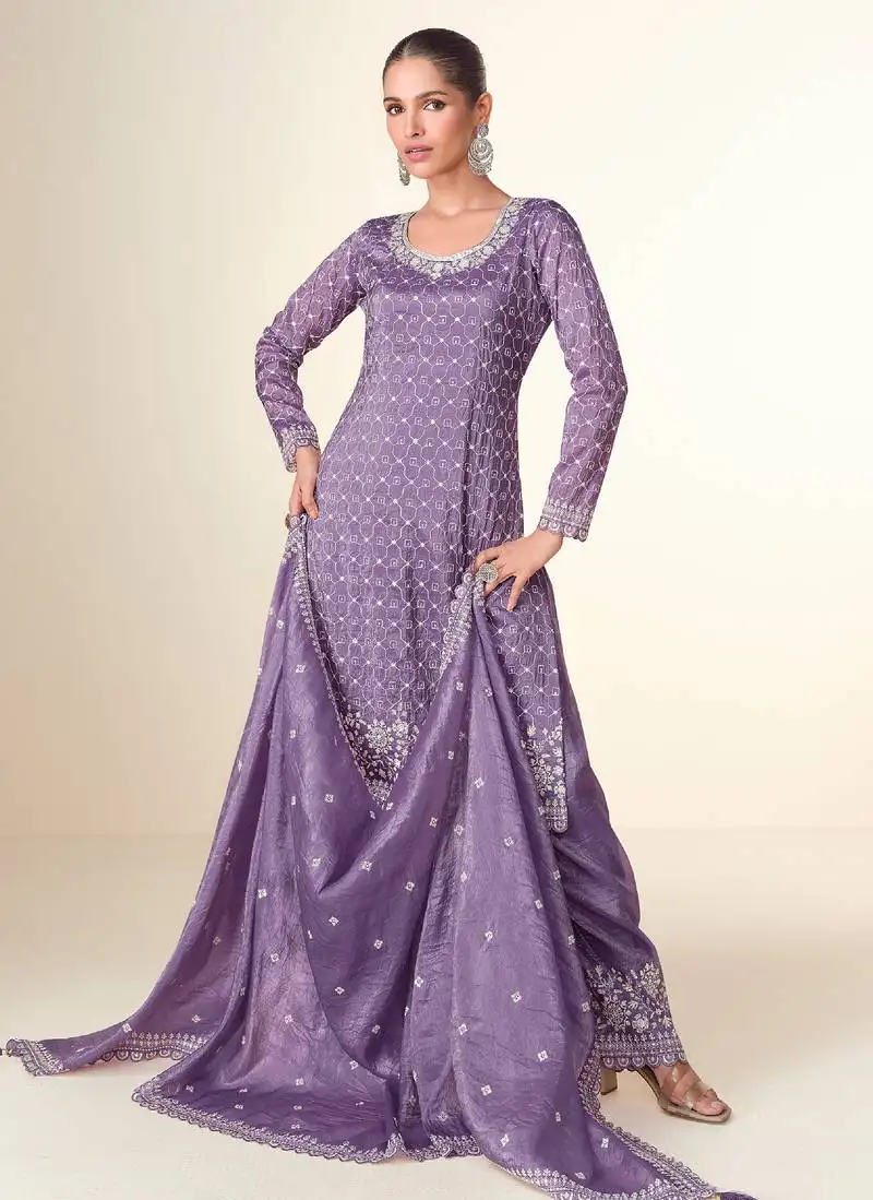 Purple embroidery & sequins work tissue crush straight palazzo suit - free size stitching (size upto 42") stitched