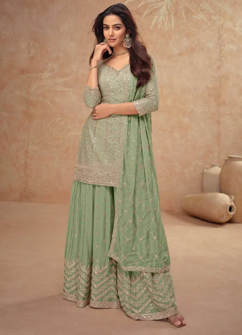 Green embroidery & sequins work chinnon straight palazzo suit - free size stitching (size upto 42") stitched