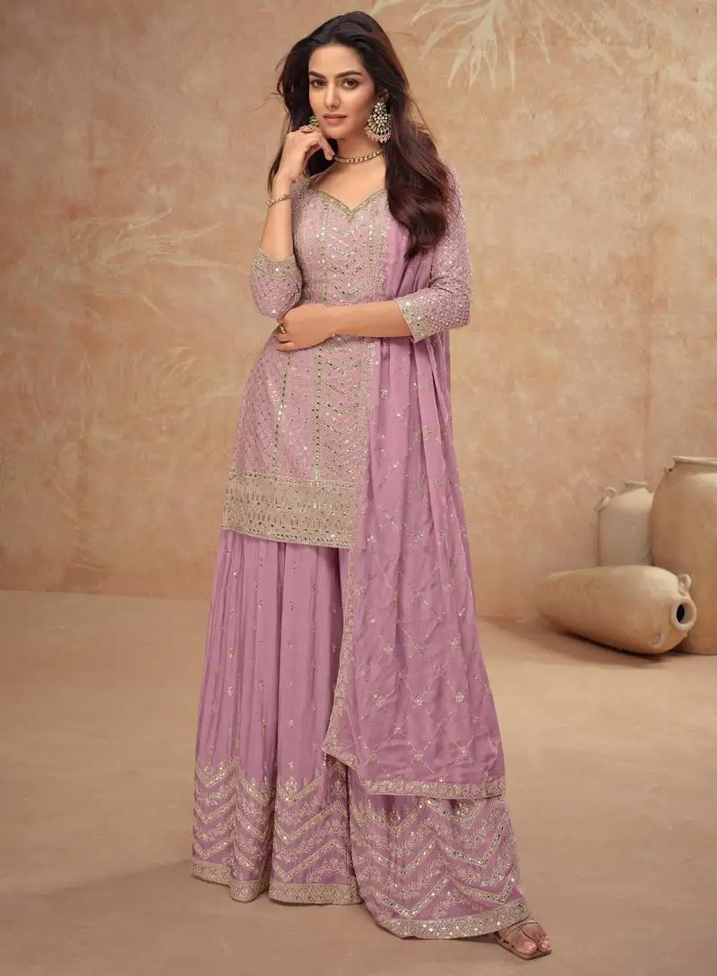 Lilac embroidery & sequins work chinnon straight palazzo suit - free size stitching (size upto 42") stitched