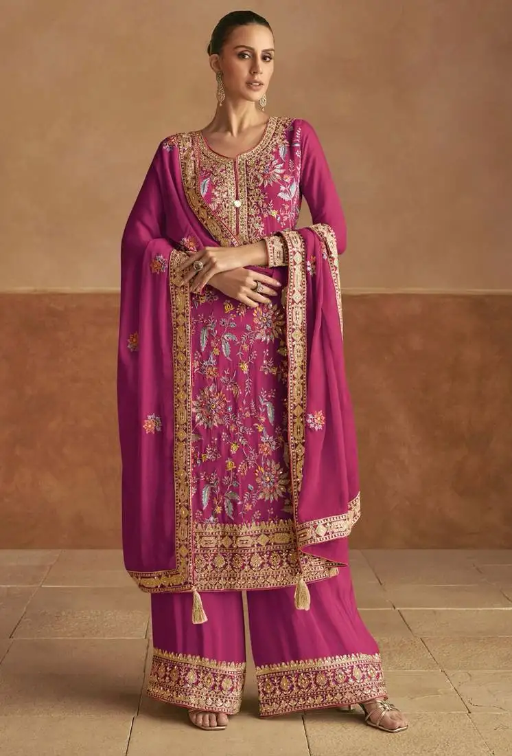 Pink embroidery thread & sequins work chinnon straight palazzo suit - free size stitching (size upto 42") stitched