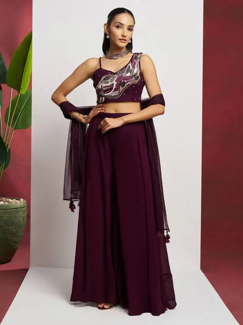 Brown embroidery, thraed, sequins & beads work georgette blouse palazzo suit - free size stitching (size upto 42") stitched