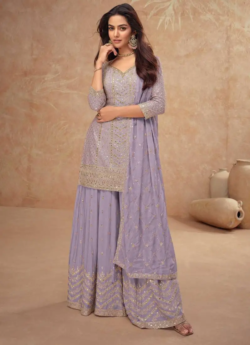 Lavender embroidery & sequins work chinnon straight palazzo suit - free size stitching (size upto 42") stitched