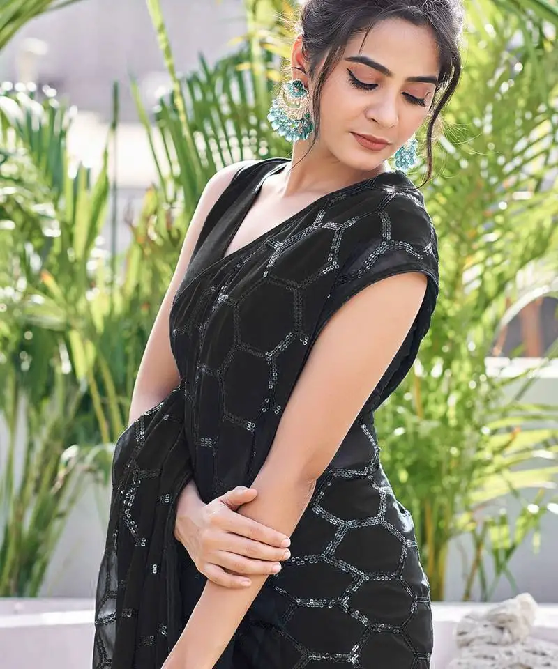 Black sequin georgette saree with unstitched blouse