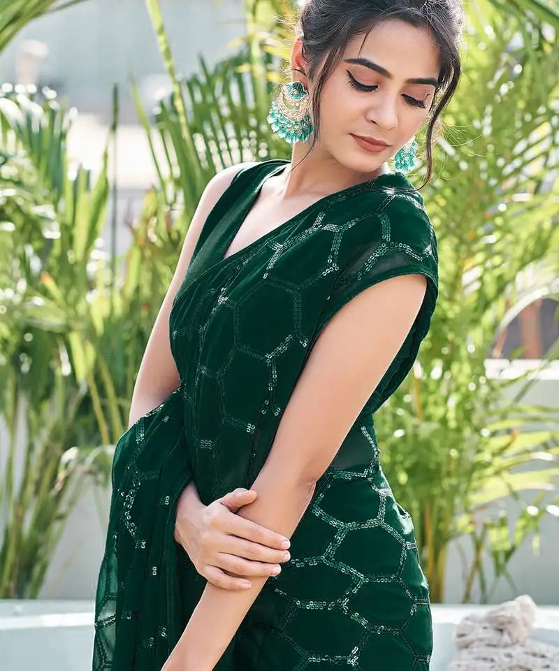 Green sequin georgette saree with unstitched blouse