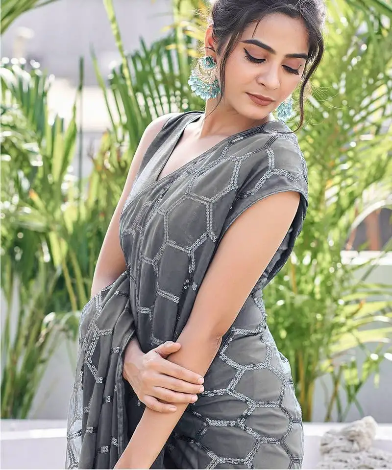 Grey sequin georgette saree with unstitched blouse