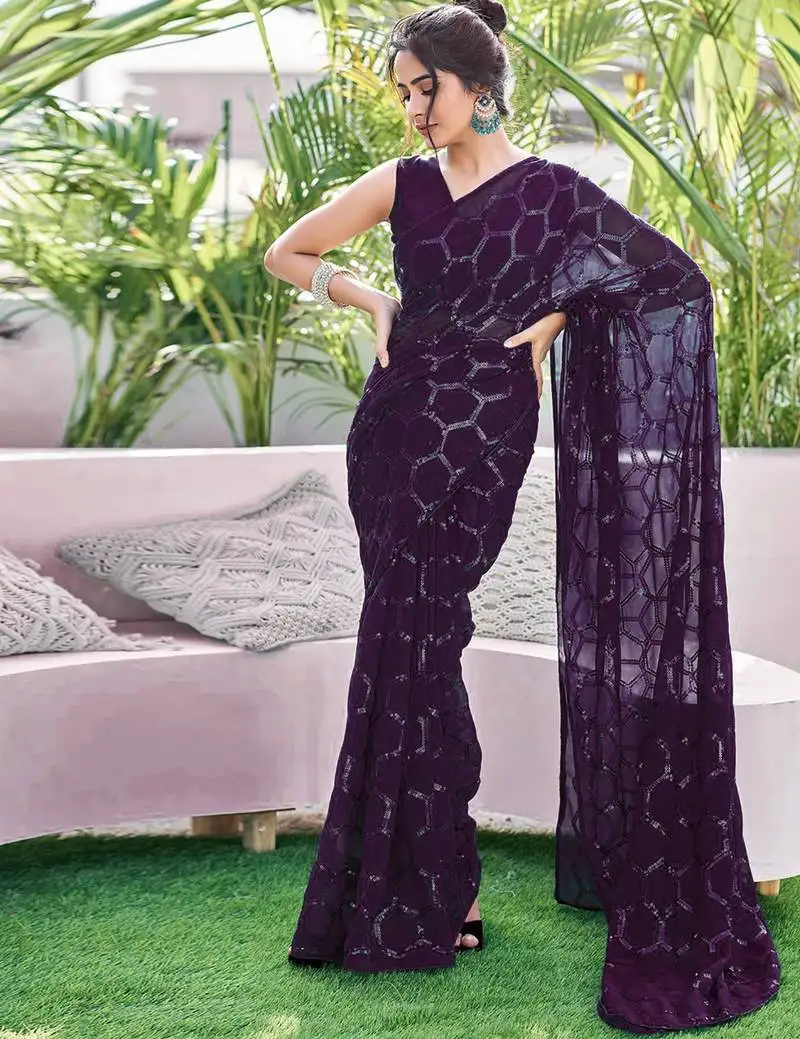 Wine sequin georgette saree with unstitched blouse