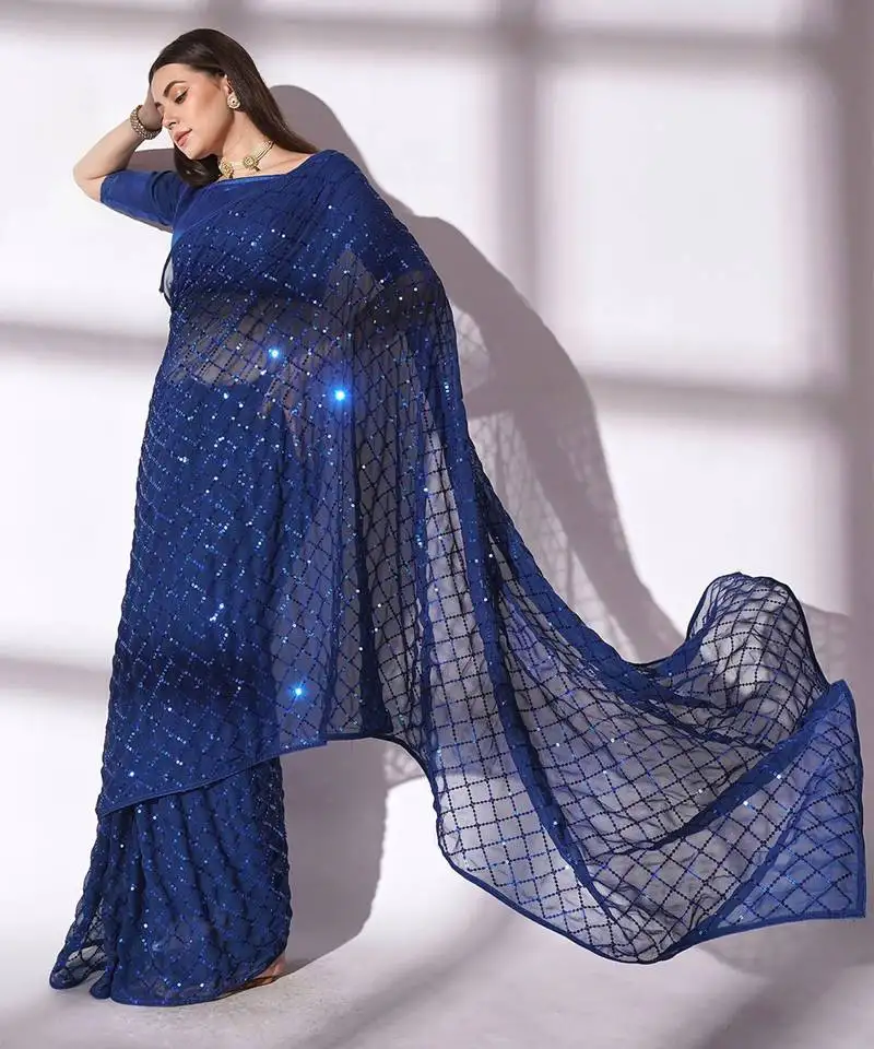 Blue sequin georgette saree with unstitched blouse