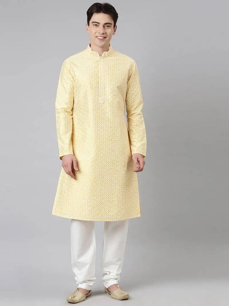 Festive yellow silk chikankari kurtas
