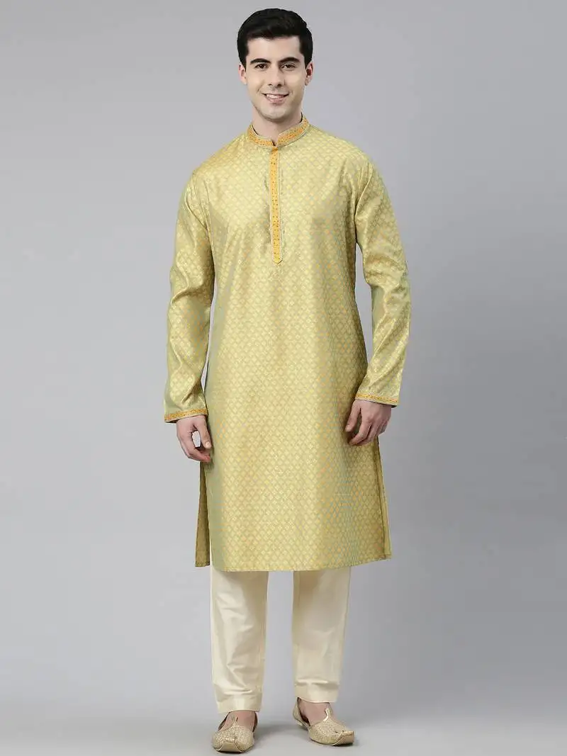 Greenish yellow silk jacquard kurtas