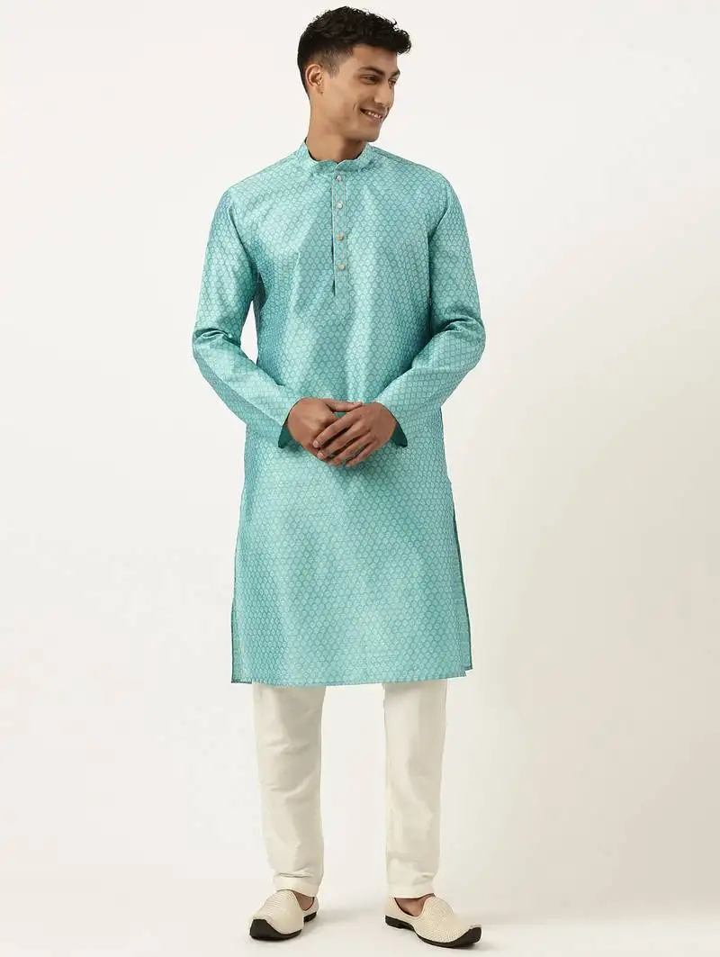 Bluish green jacquard silk kurtas
