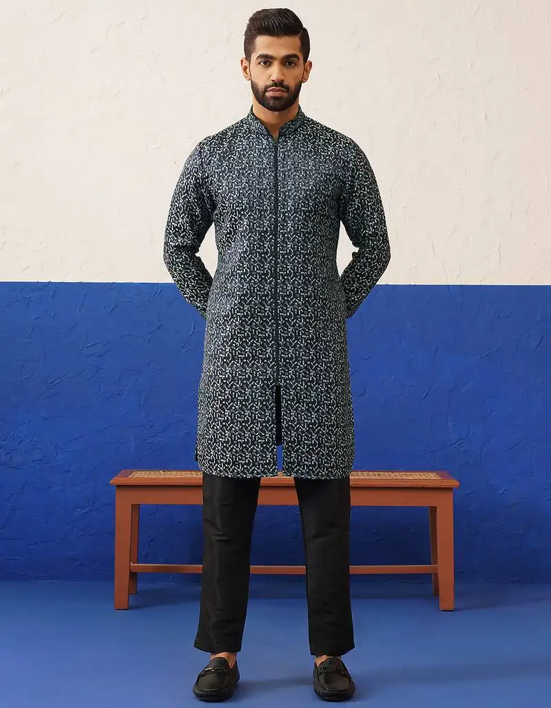 Black shimmer front open kurtas