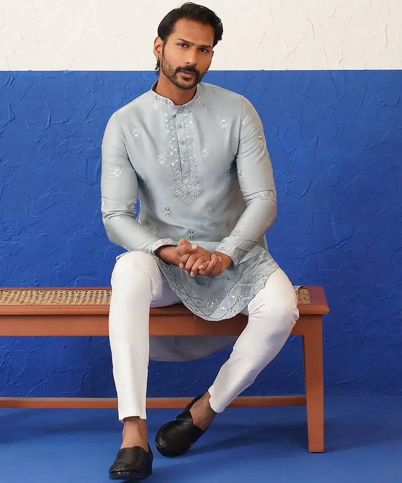 Grey sequin embroidered ceremonial kurtas