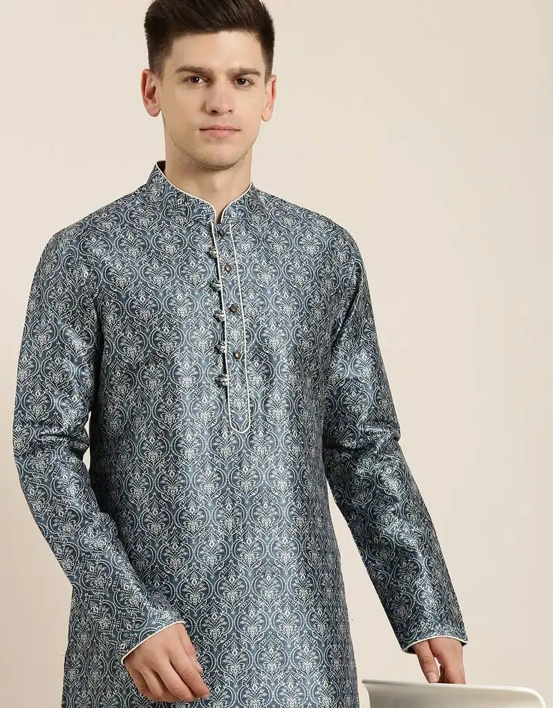 Blue indigo damask dabu print kurtas