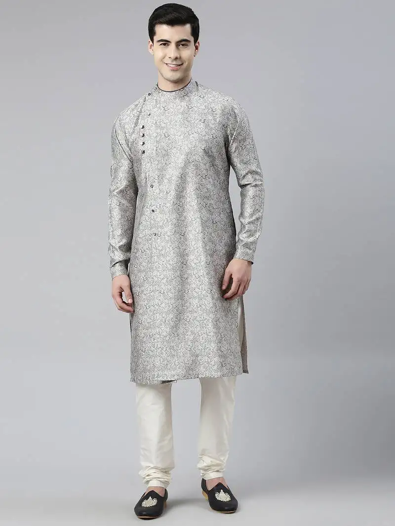 Grey block printed angrakha style chanderi silk kurtas