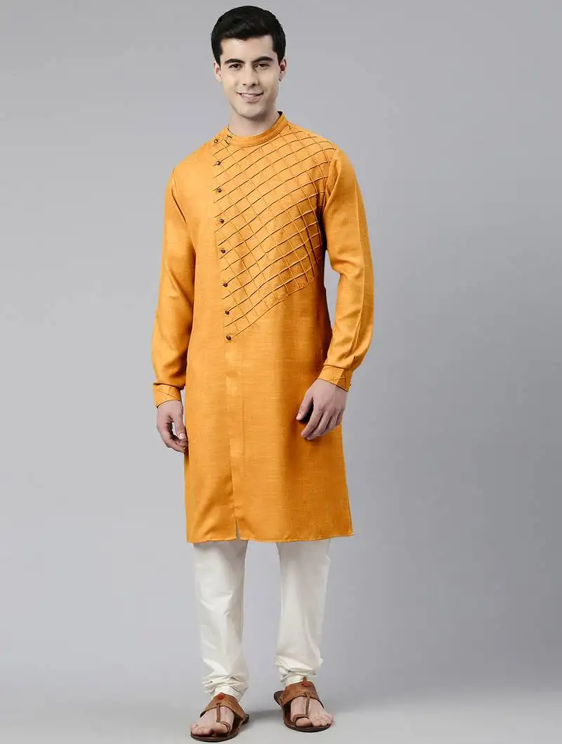 Mustard pintuck angrakha kurtas