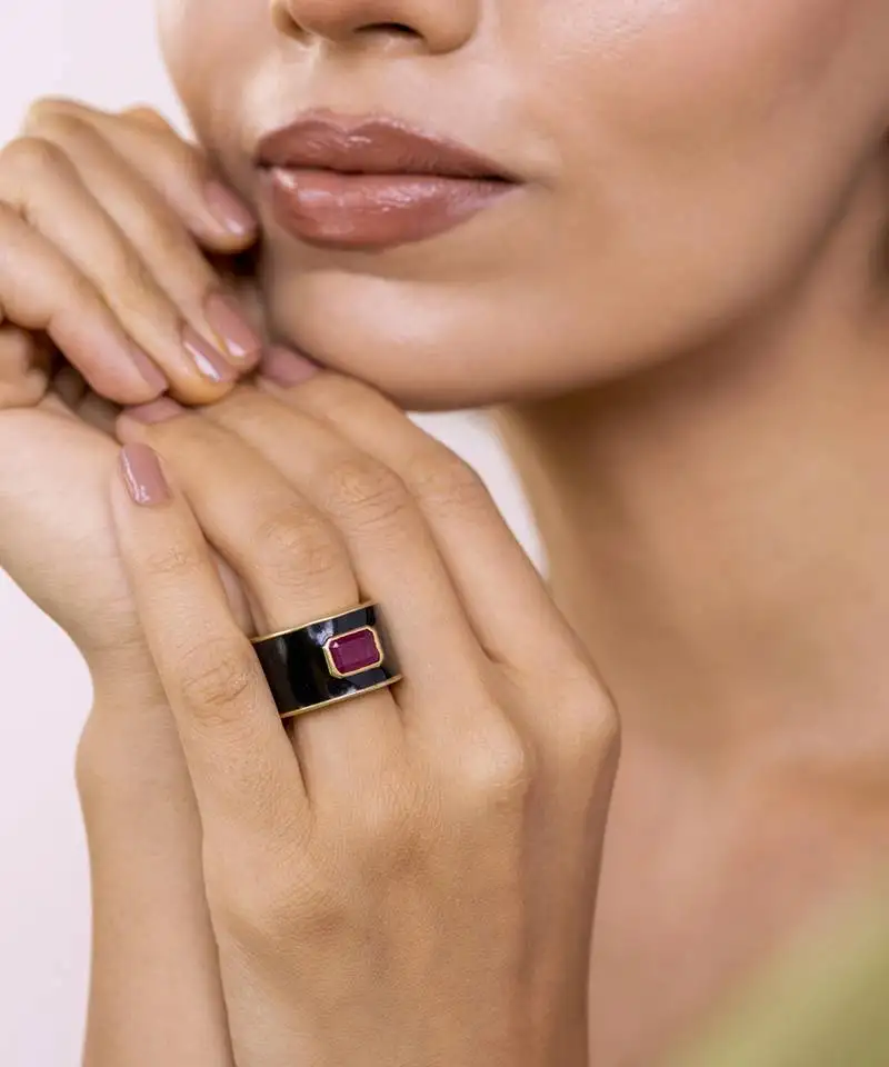 Black enamel ring with natural ruby