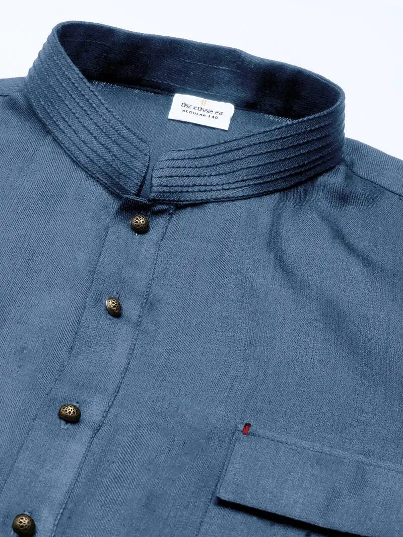 Denim blue cotton pathani kurtas with patch pocket