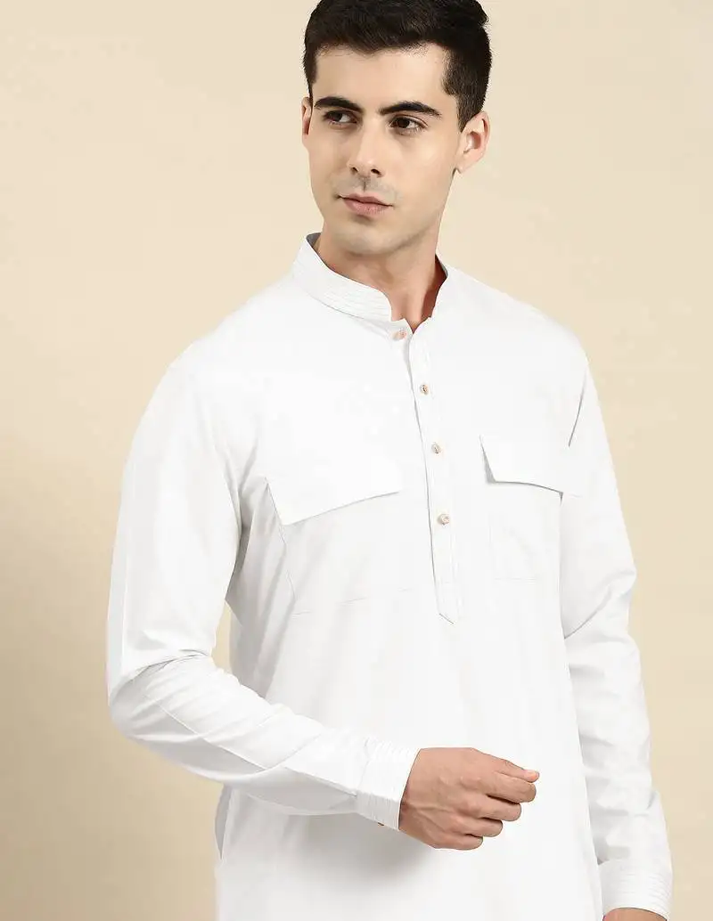 White cotton pathani kurtas with patch pocket