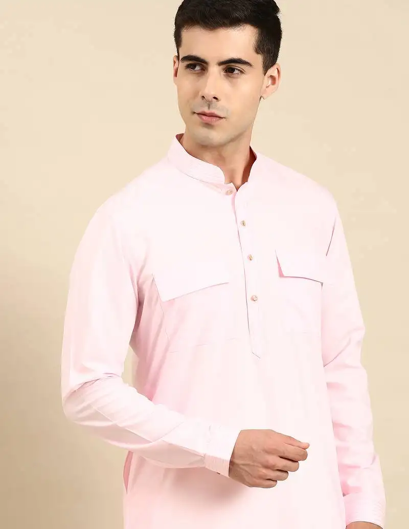 Light pink cotton pathani kurtas with patch pocket