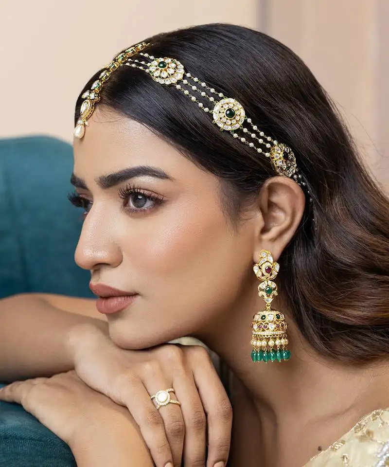 Green studded jewellery sterling silver maang-tikka