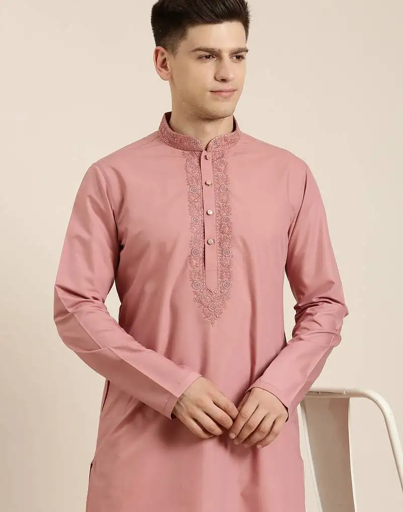 Rose pink cotton dori embroidered kurtas