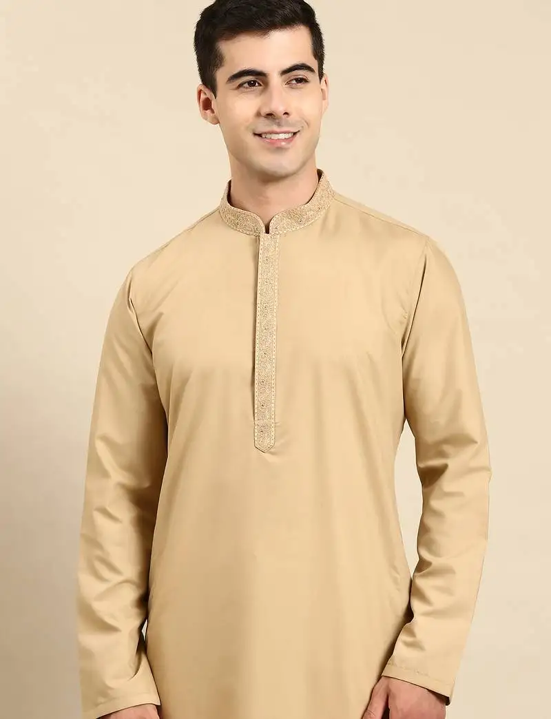 Beige cotton dori embroidered kurtas