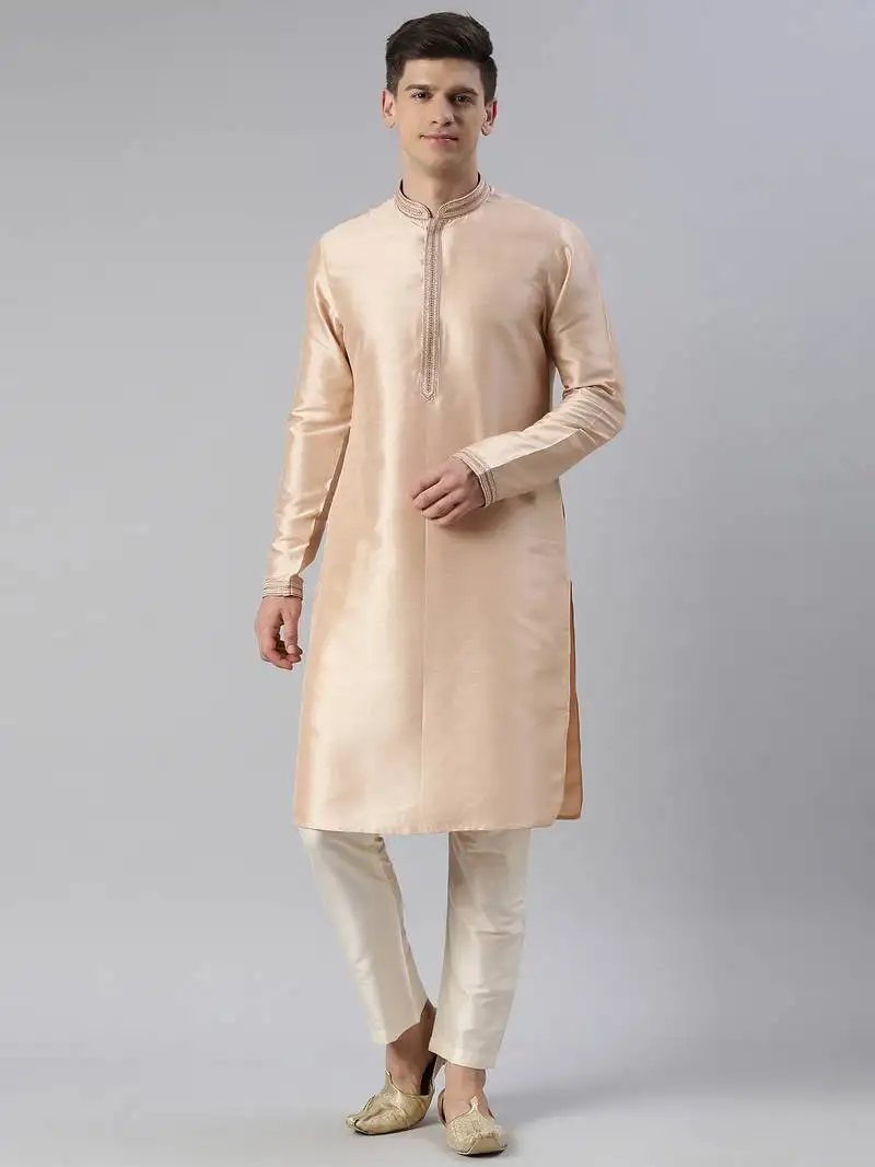 Peach art silk embroidered kurtas