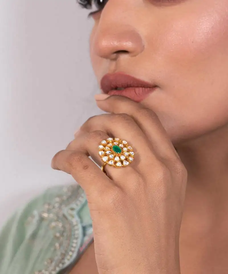 Green sterling silver studded polki ring