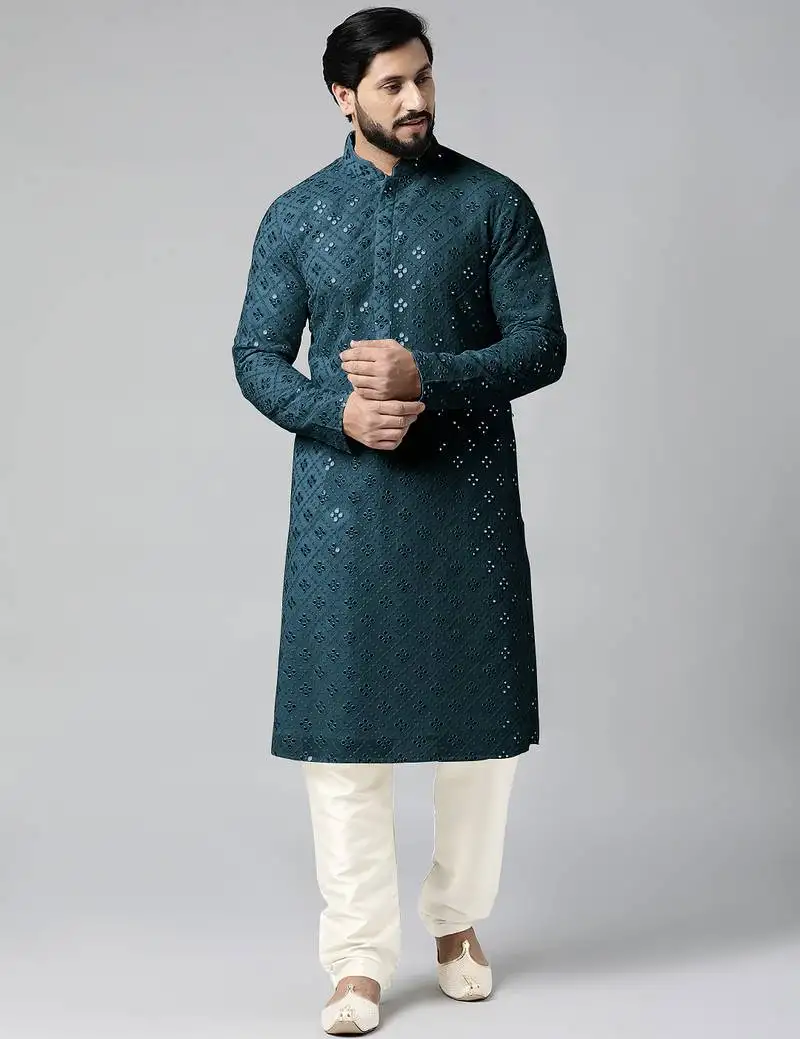 Teal blue mirror embroidery kurtas