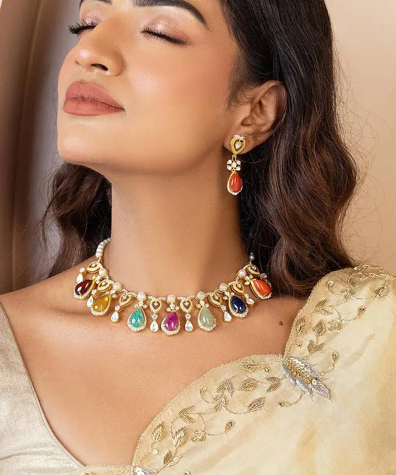 Multicolor gold plated navratna necklace set