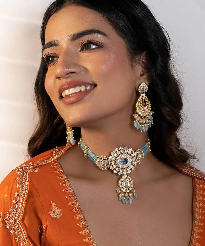 Blue sterling silver studded jewellery necklace-set