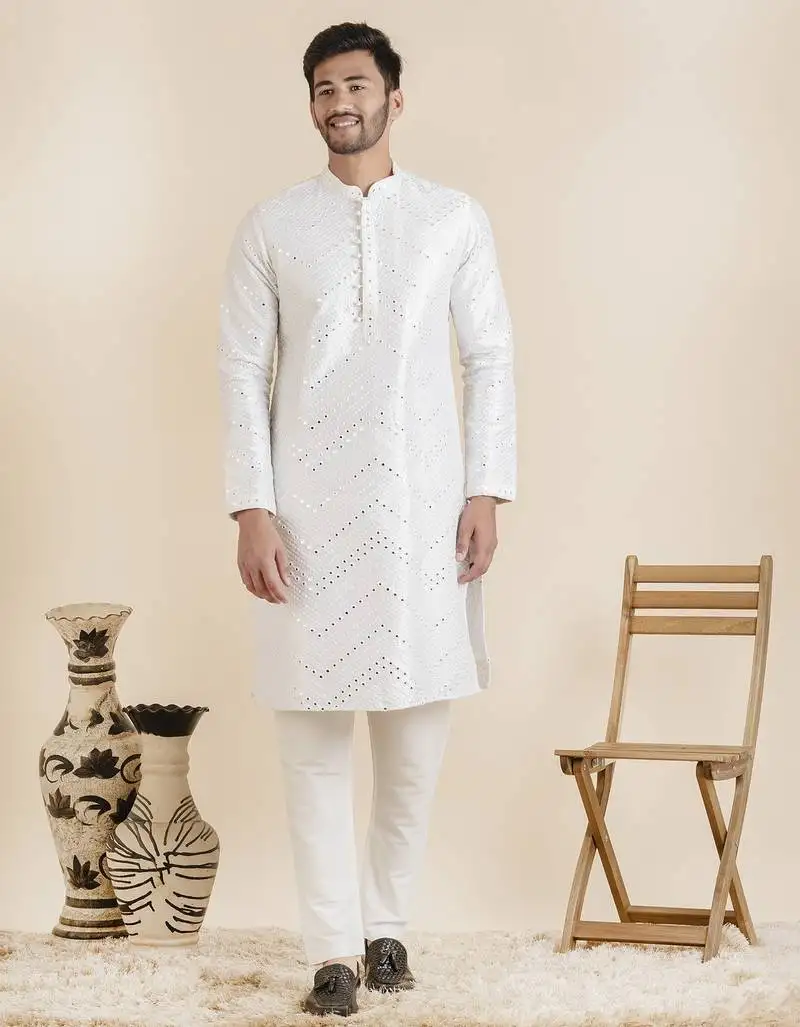 White silk mirror embroidered kurtas
