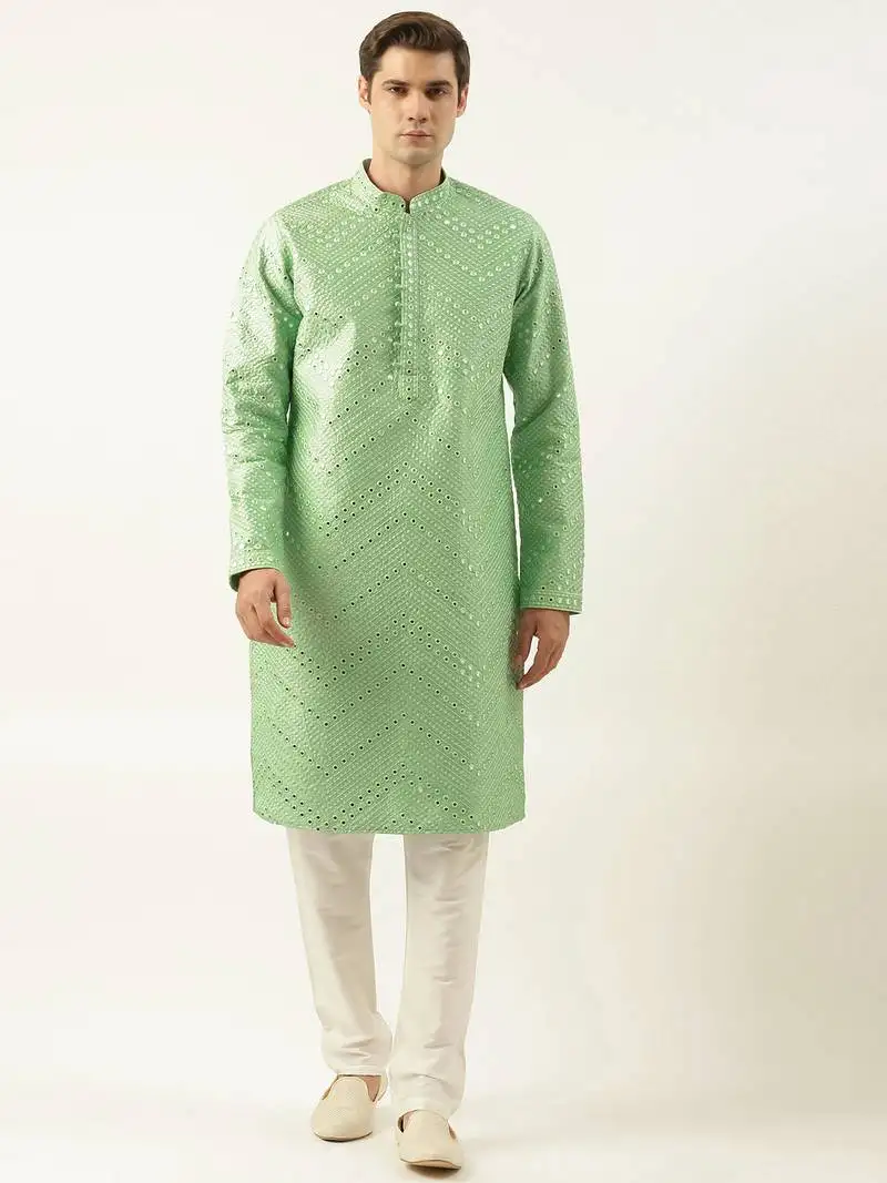 Light green silk mirror embroidered kurtas