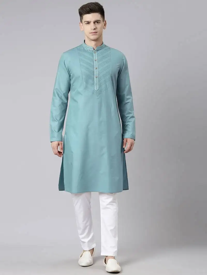 Teal pleated cotton kurtas