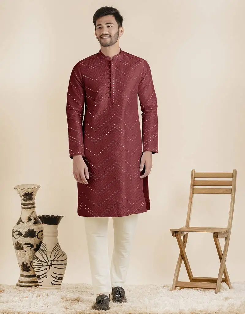 Maroon silk mirror embroidered kurtas