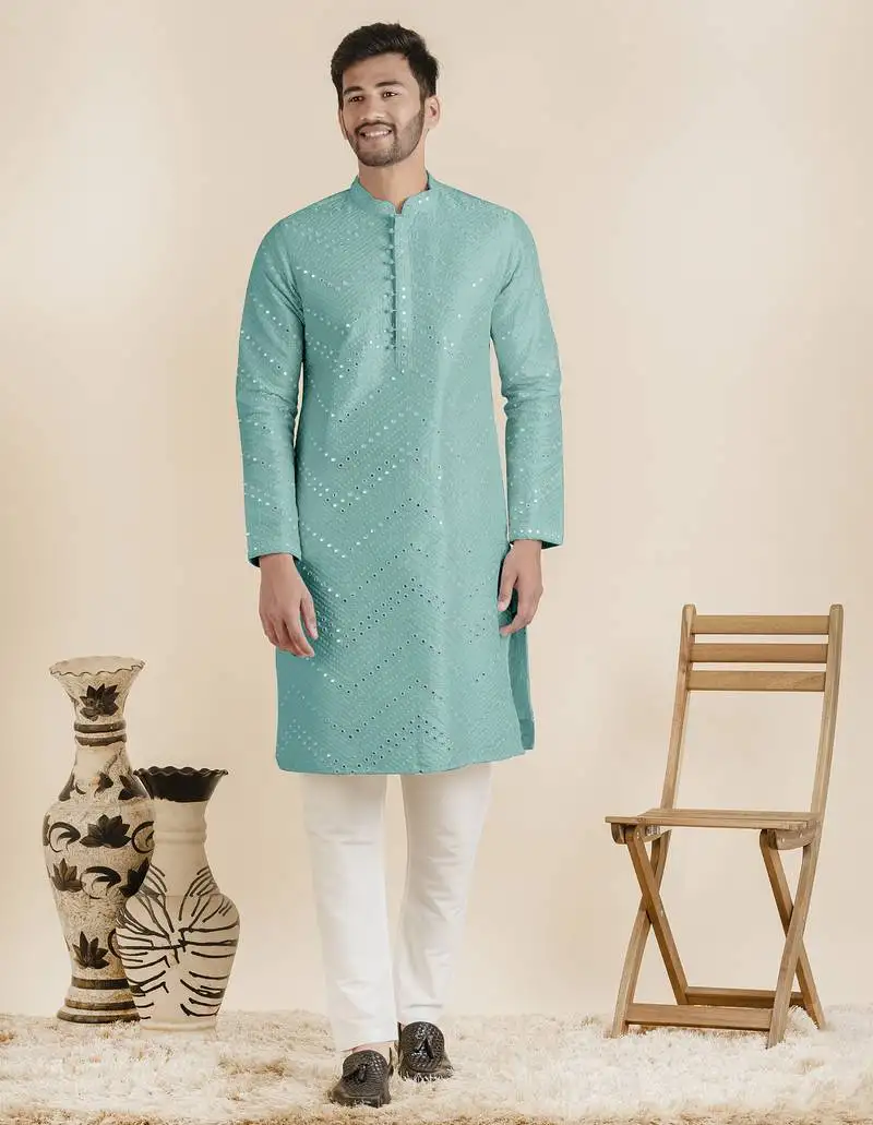 Light blue silk mirror embroidered kurtas
