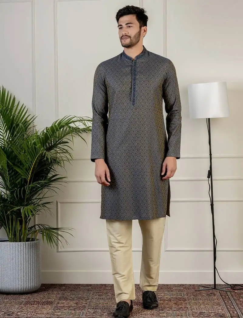 Grey jacquard embroidered kurtas