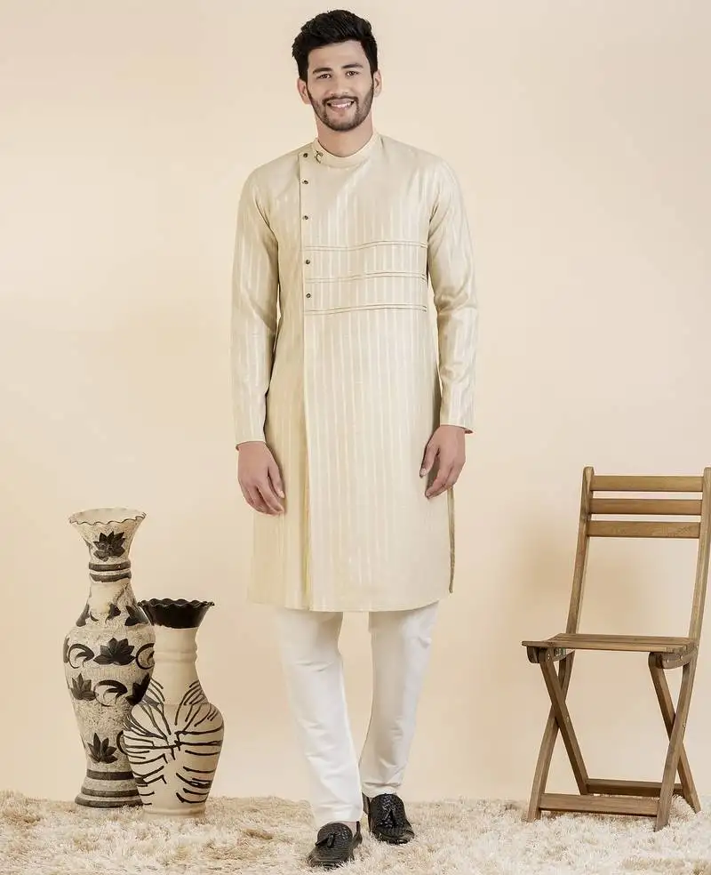 Beige self design side placket cotton kurtas