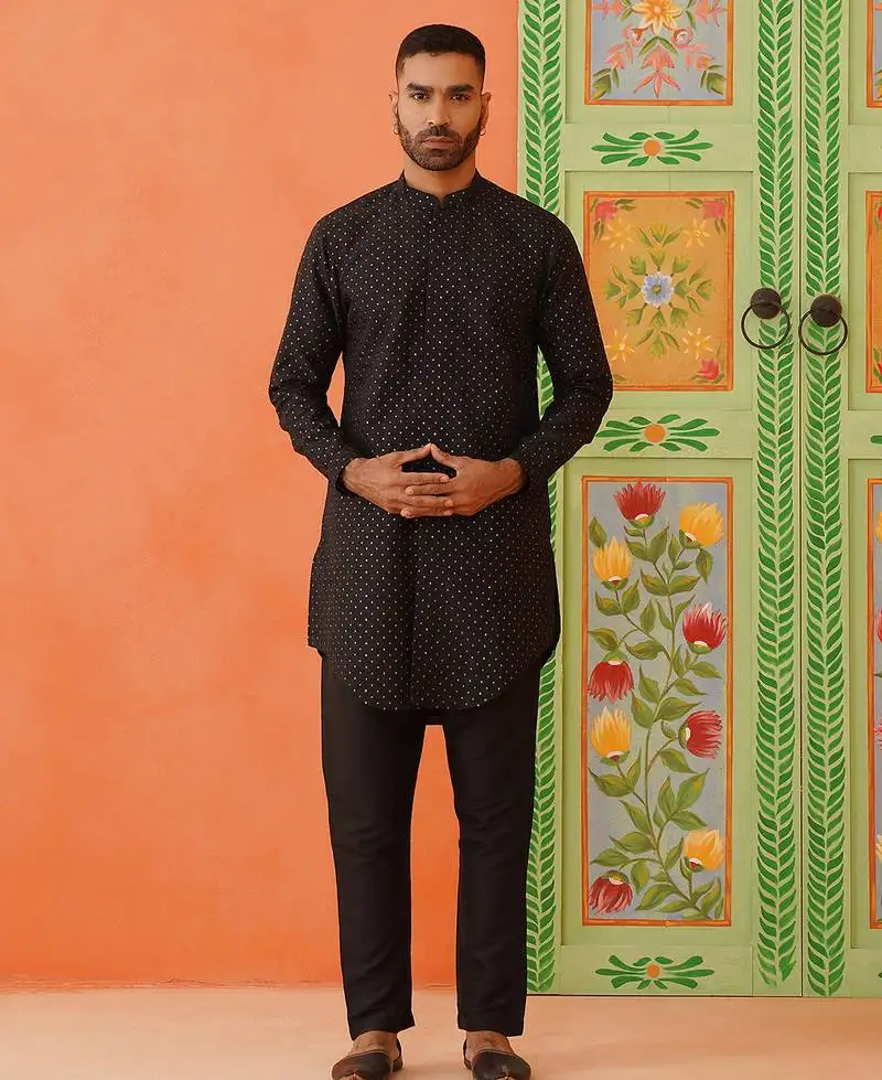 Black silk embroiderd front open kurtas
