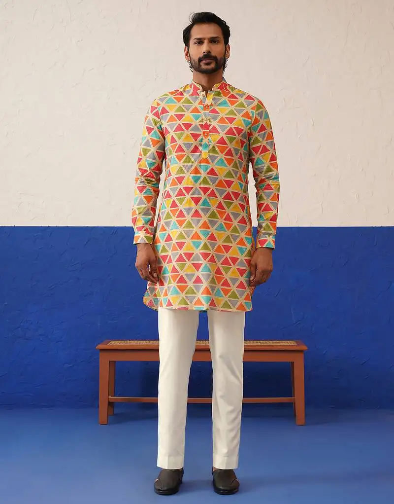 Beige multicolor ceremonial kurtas