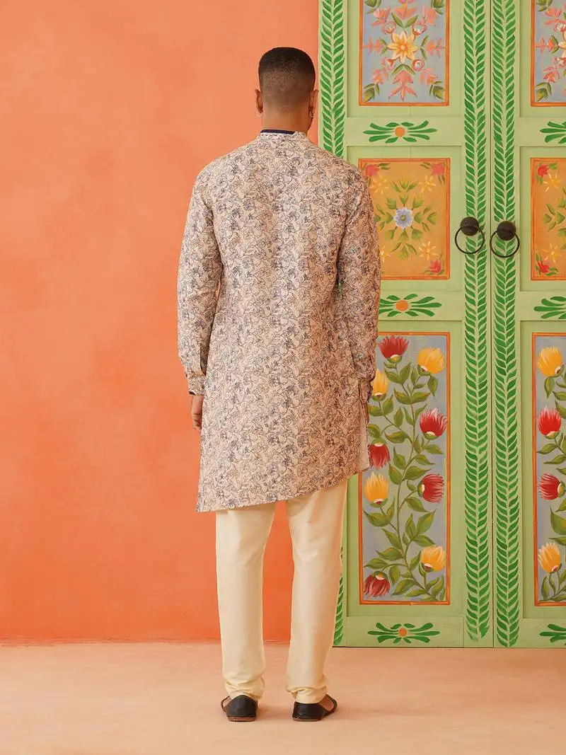 Beige kantha design printed kurtas