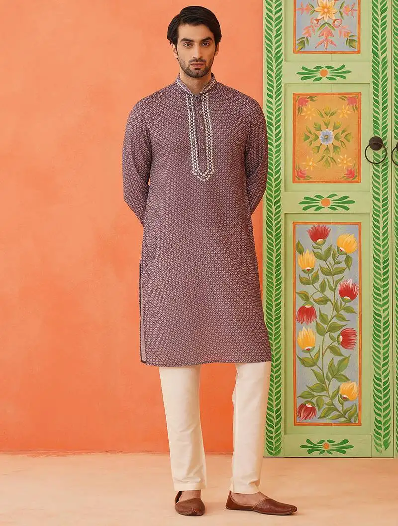 Earthy purple printed kurtas with abla embroidery