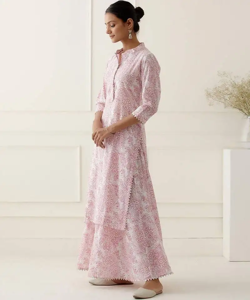 Pink floral printed cotton silk kurta set
