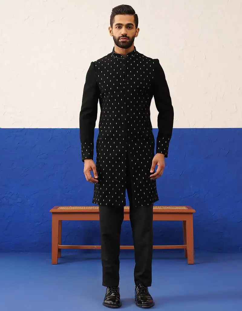 Jiggar thakkar in plain simmer black kurtas
